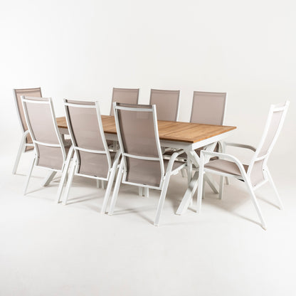 Conjunto Mesa De Exterior Extensible 220/280 Y 8 Sillones Reclinables Hidráulicos, Aluminio Blanco Y Tablero De Teca, Textilene Taupé, 8 Plazas_2