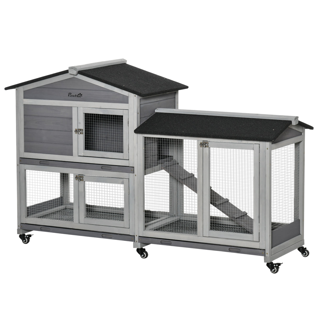 Pawhut Conejera De Madera 157,4x53x99,5 Cm Con Ruedas Techo Asfáltico Gris_0