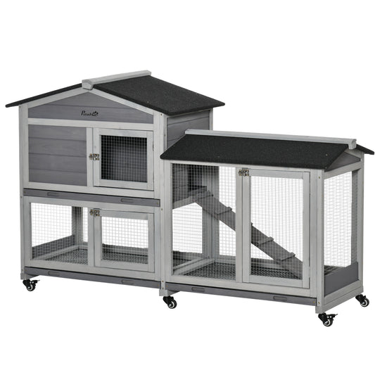 Pawhut Conejera De Madera 157,4x53x99,5 Cm Con Ruedas Techo Asfáltico Gris_0