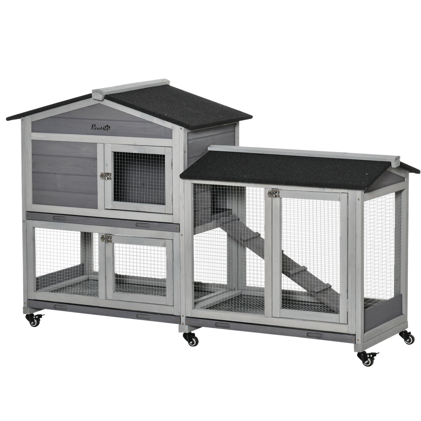 Pawhut Conejera De Madera 157,4x53x99,5 Cm Con Ruedas Techo Asfáltico Gris_0