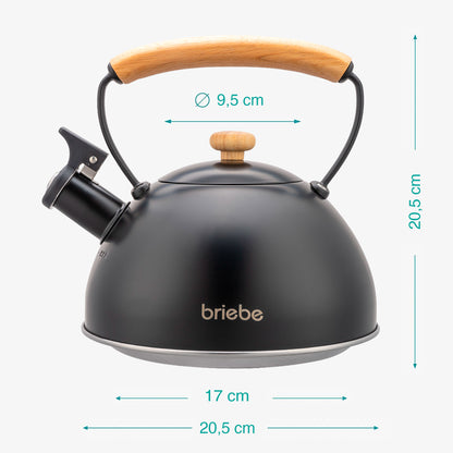 Tetera Con Silbato, Hervidor De Agua 2,5l, Inducción, Acero Inox, Vintage, Mango Madera, Briebe, Wooden, Negro