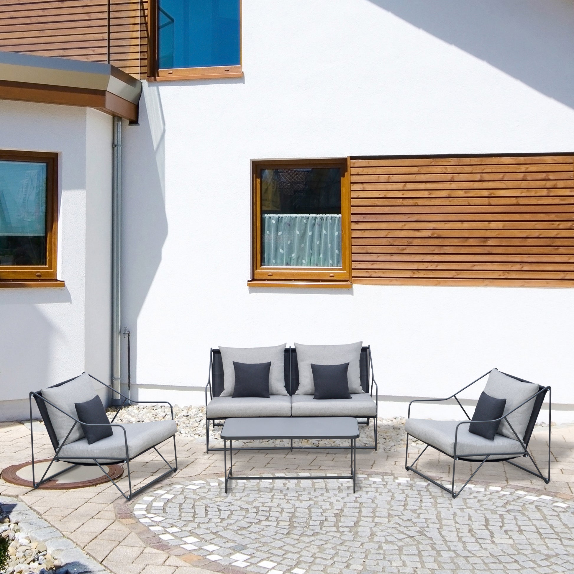 Outsunny Conjunto De Muebles De Jardín 4 Piezas Mesa 2 Sillones 1 Sofá Cojines_1