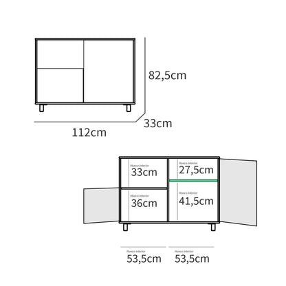 Aparador, Mueble Salón Auxiliar, Buffet, 2 Puertas, 1 Estante 82,5x112x33 Cm Recibidor Moderno, Briebe, Nova, Blanco