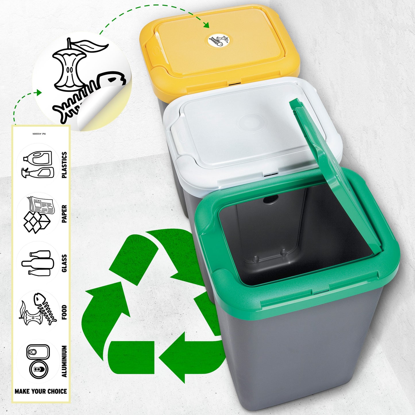 Papelera Reciclaje 3 Compartimentos, 75 Litros, Dimensiones: 78,5 (ancho) X 33 (profundo) X 47,5 (alto) Cmplástico - Multicolor