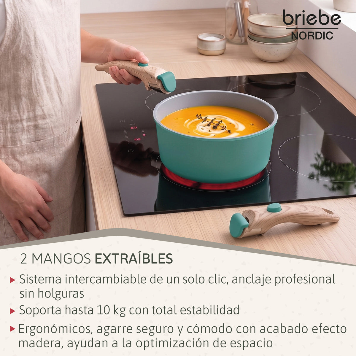 Briebe Nest Batería Cocina Inducción Cerámica Mango Extraíble Apilable, Antiadherente Suizo Ilag, 13 Piezas, 3 Sartenes_4