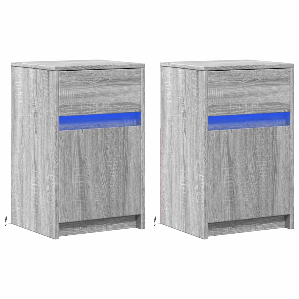 Mesitas De Noche Luces Led 2 Uds Madera Ingeniería Gris Sonoma_1