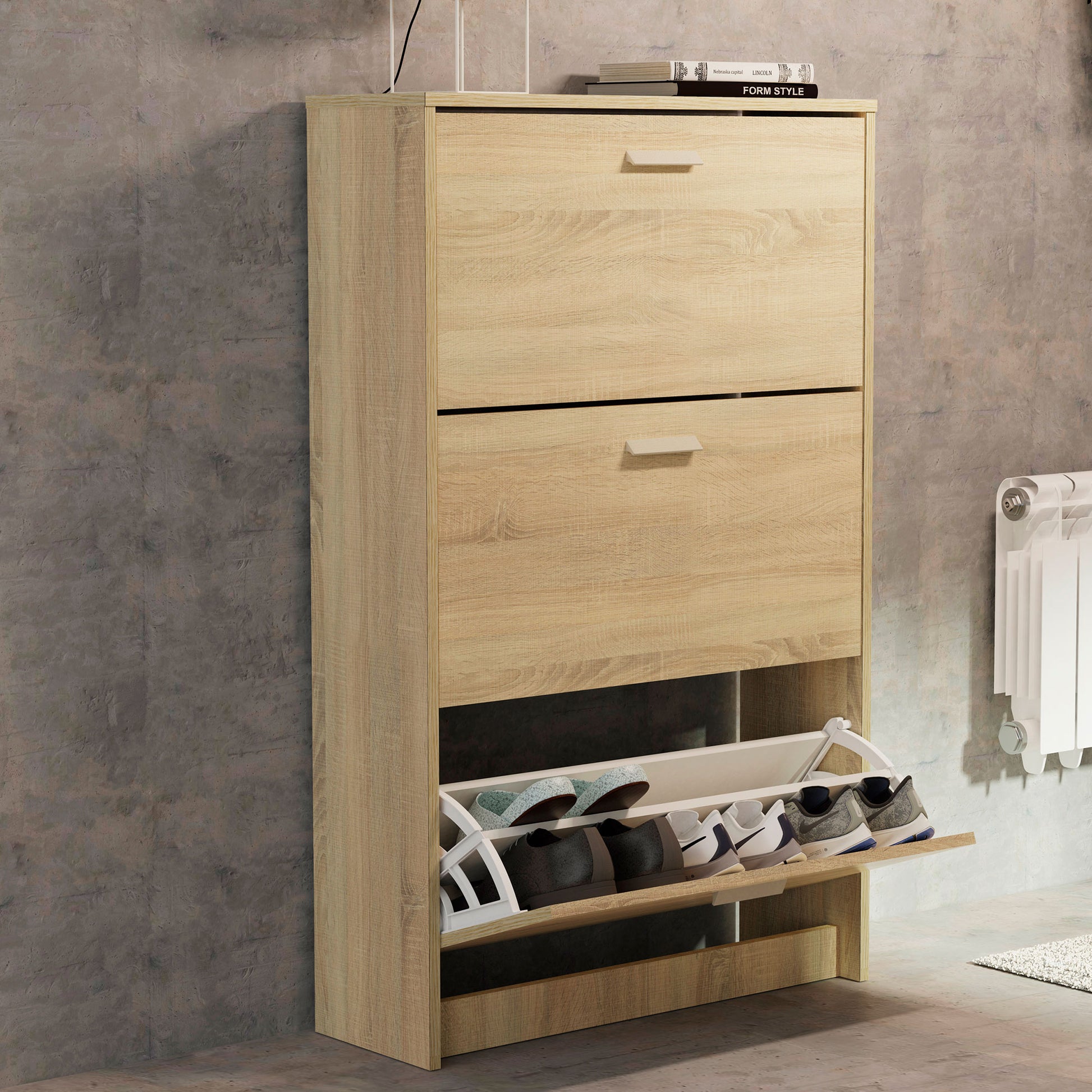 Zapatero Entrada Recibidor, Mueble Auxiliar Estrecho Zapatos, 3 Puertas, Madera 119,5x74x25 Cm, Briebe, Nova, Madera