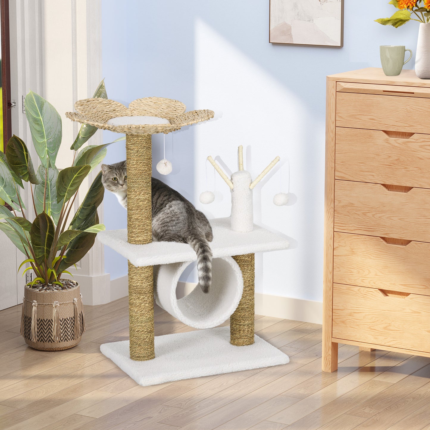 Pawhut Árbol Rascador Para Gatos Altura 91 Cm Con Cama Poste 3 Palos Túnel Bolas_1