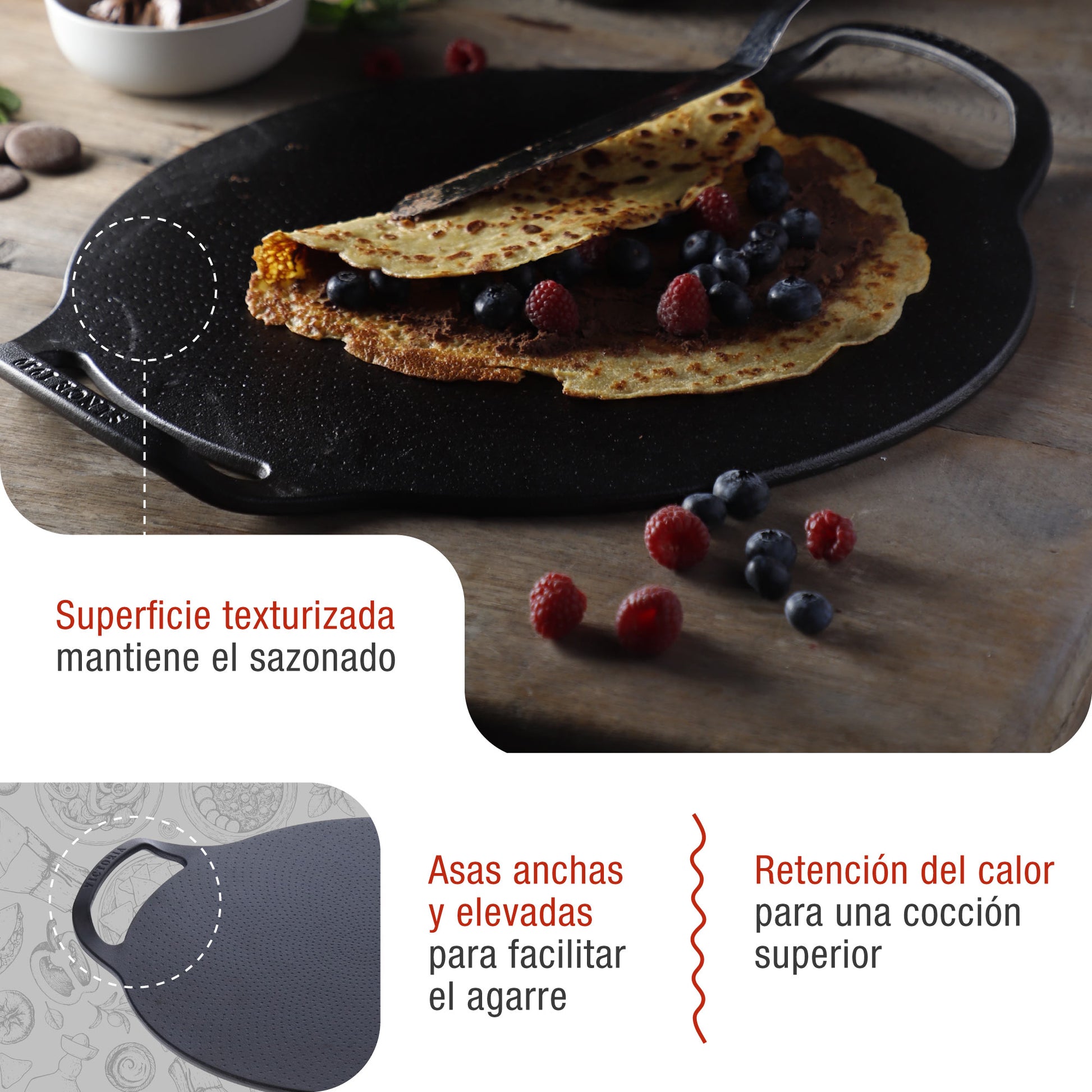 Victoria Plancha Cocina Para Pizza Hierro Fundido Curado Inducción, Sartén 38cm, Fuego, Barbacoa, Horno, 34474, Negro_2