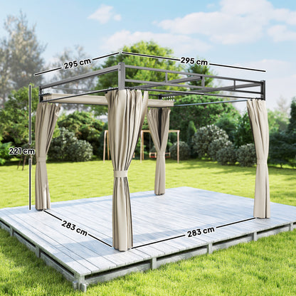 Outsunny Pérgola De Jardín 3x3 M Con Techo Retráctil Y Cortinas Anti-uv Beige_2