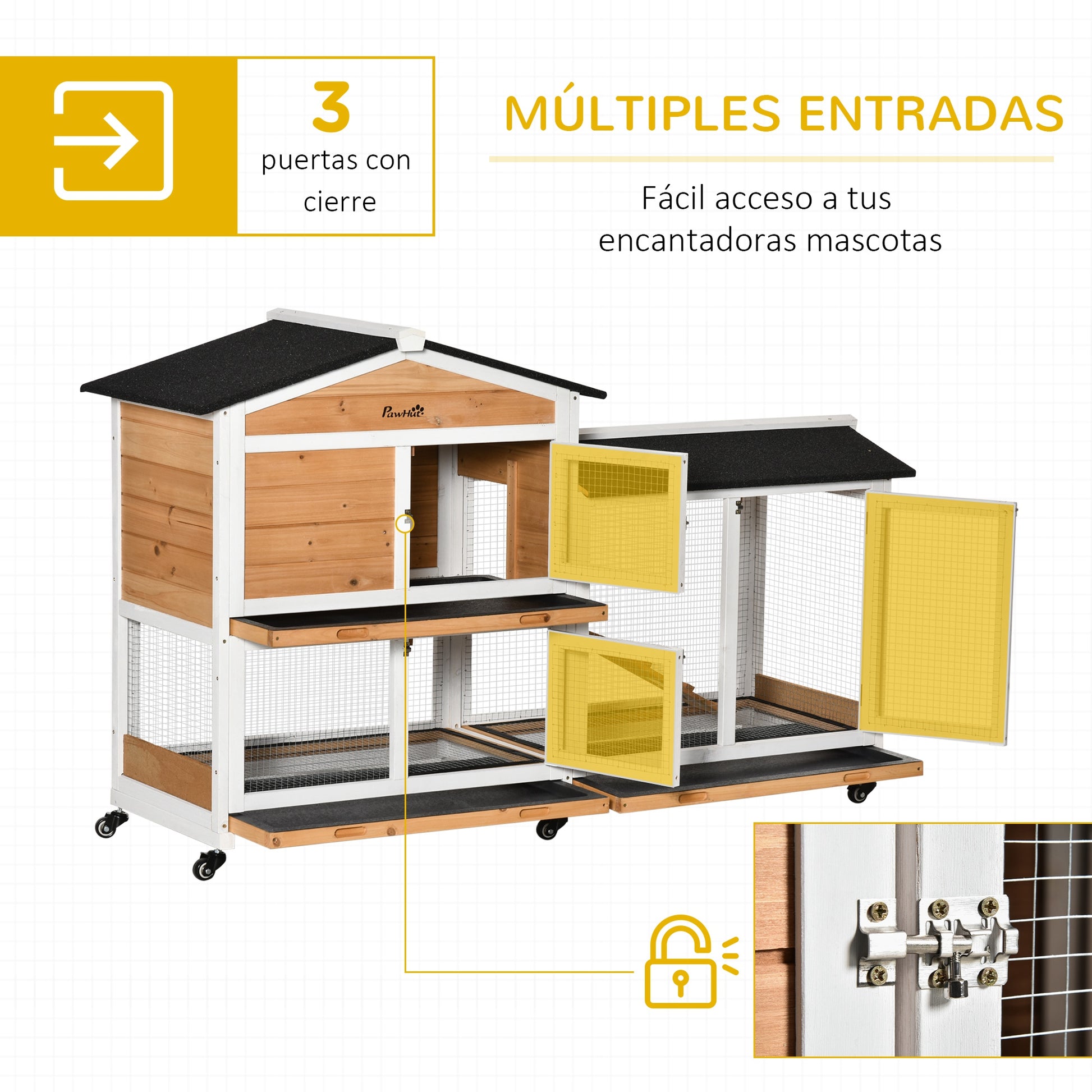 Pawhut Conejera De Madera 157,4x53x99,5 Cm Con Ruedas Techo Asfáltico Natural_3