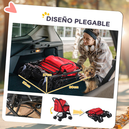 Pawhut Cochecito Para Mascotas Plegable Con Toldo Ajustable 76,5x52x95 Cm Rojo_4