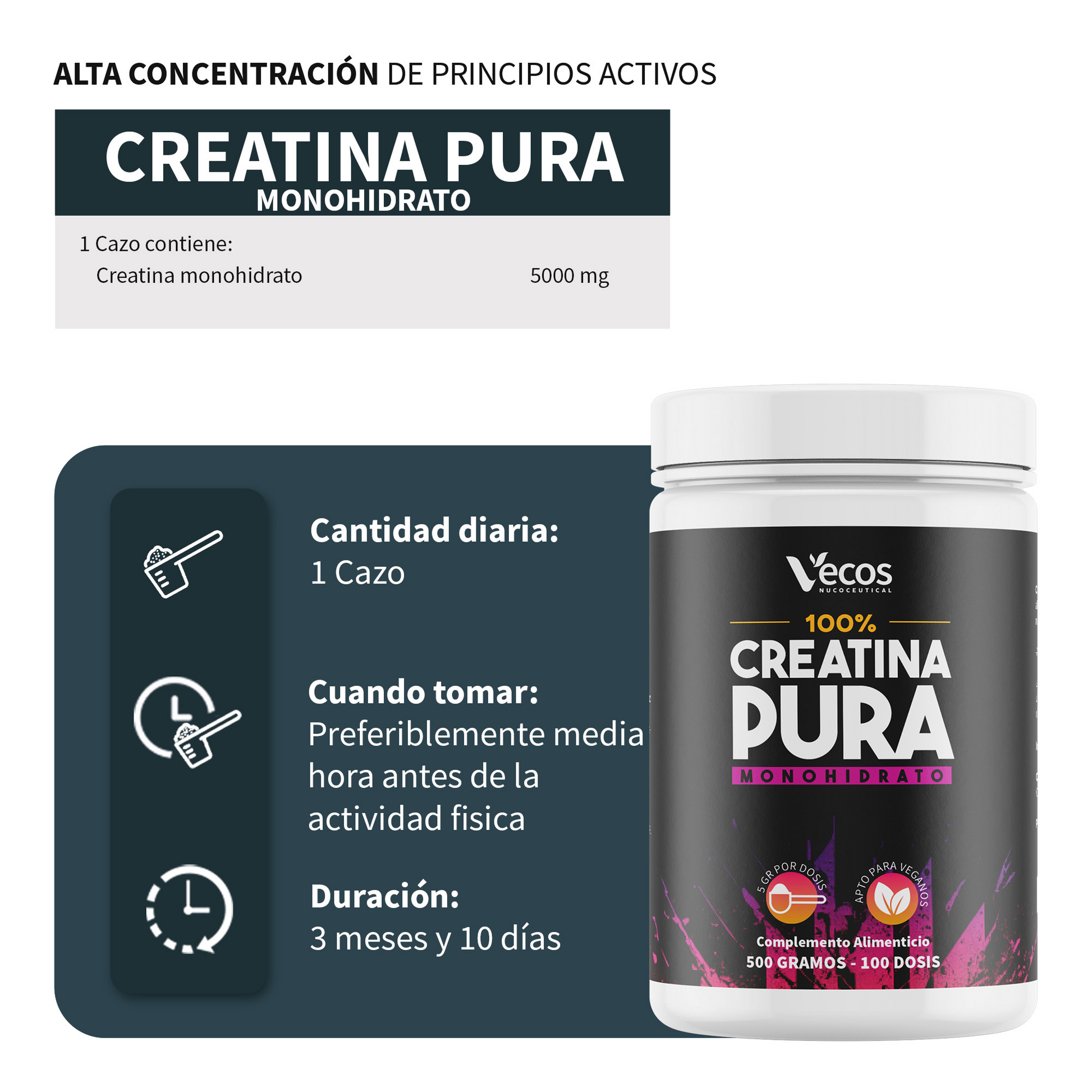 Creatina Monohidrato Pura Vecos 500 G | Para Fuerza, Potencia Y Entrenamiento_2