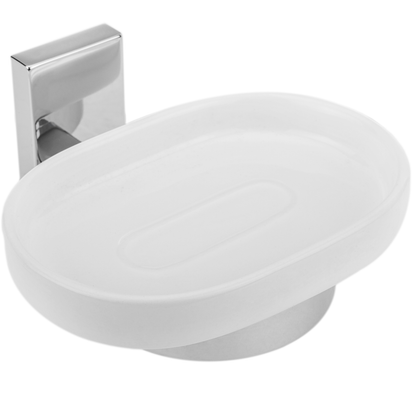 Soporte Cromado De Pared Para Jabón Con Plato Cerámico En Color Blanco Modelo Spool_0