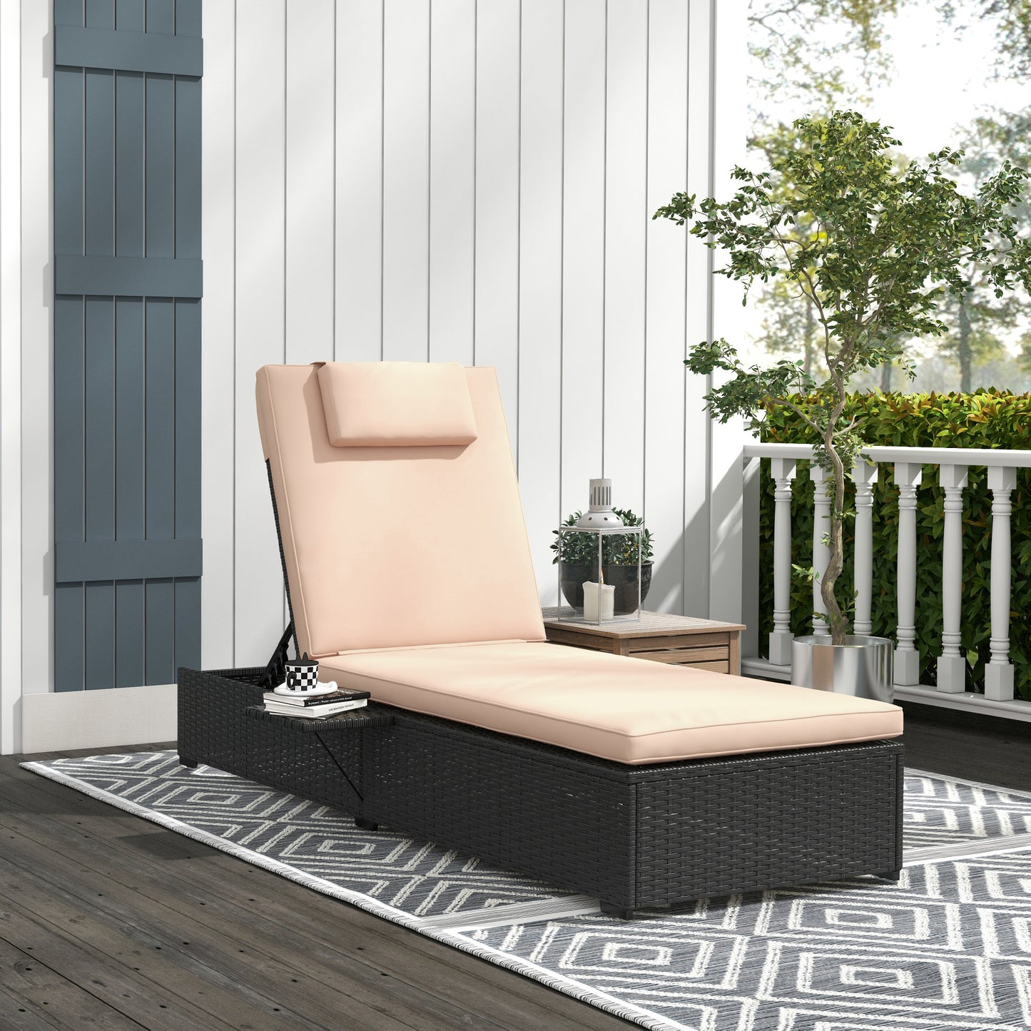 Outsunny Tumbona De Ratán Reclinable Con Respaldo Ajustable Negro Y Beige_1