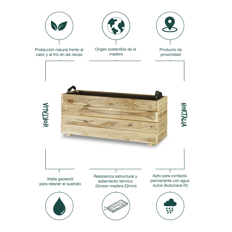 Jardinera Rectangular De Madera Tratada 90x30x40 Cm Ghio Hortalia_4