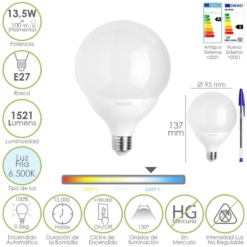 Bombilla Led Esfera Globo E27. 13,5 Watt. Equivale A 100 Watt. 1521 Lumenes. Luz Fria 6500º K._0