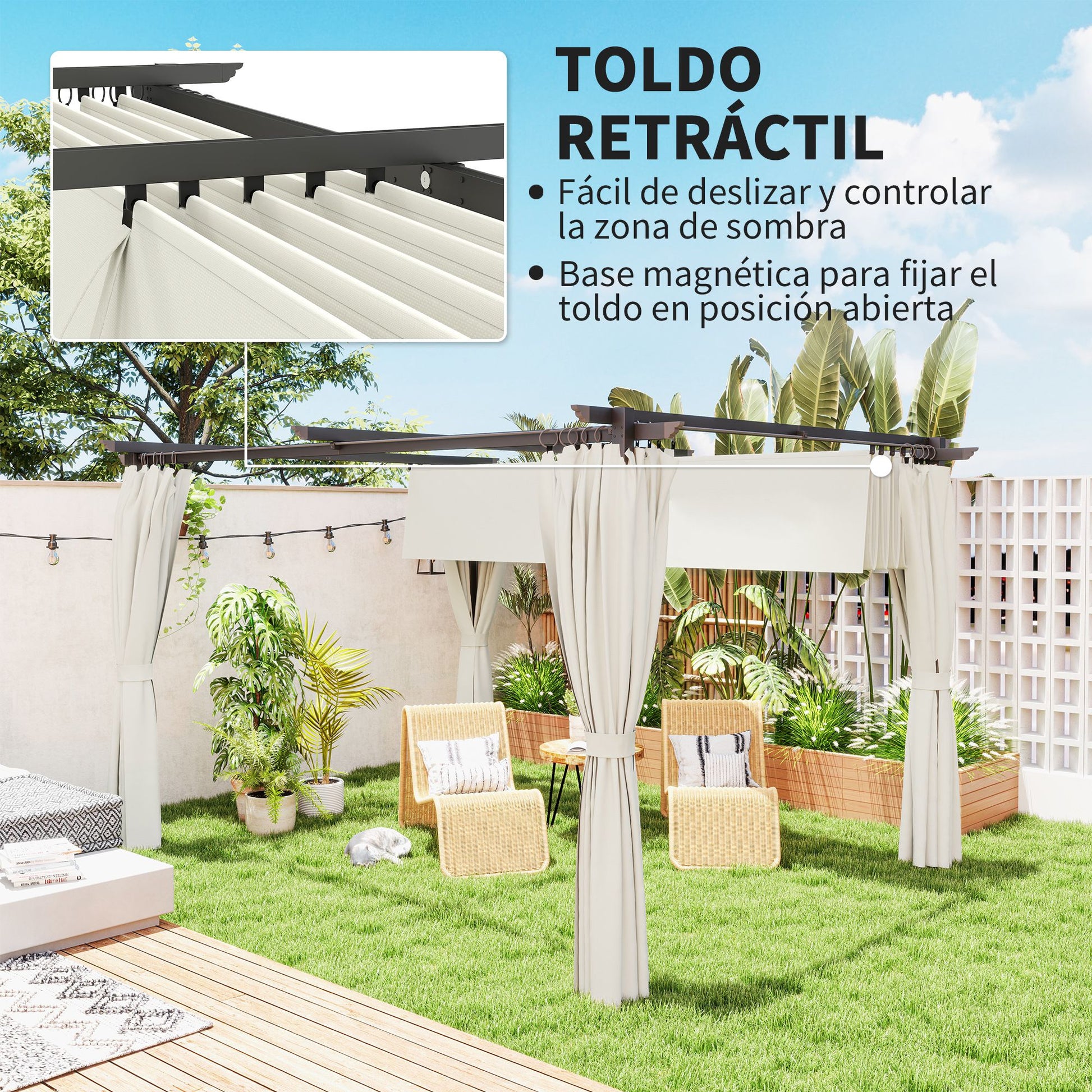 Outsunny Pérgola Con Techo Retráctil 4x3 M Paredes Laterales Anti-uv Crema_3