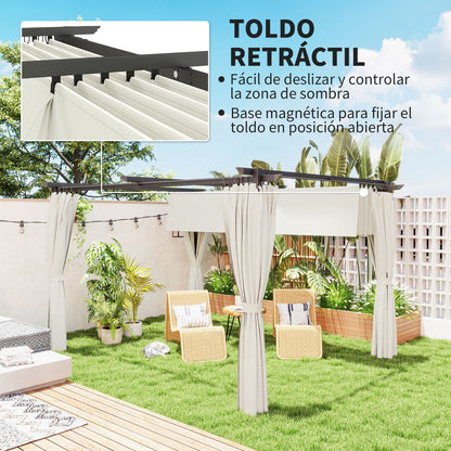 Outsunny Pérgola Con Techo Retráctil 4x3 M Paredes Laterales Anti-uv Crema_3