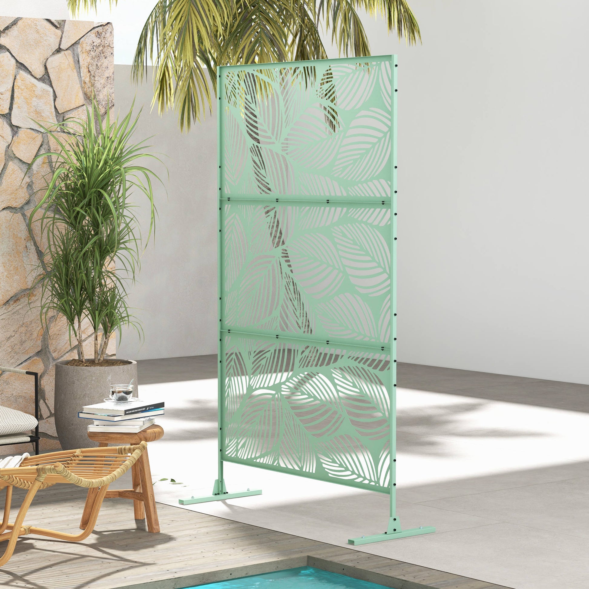 Outsunny Biombo Exterior Con 3 Piezas Patrón De Hoja Grande 122x45x198cm Verde_1