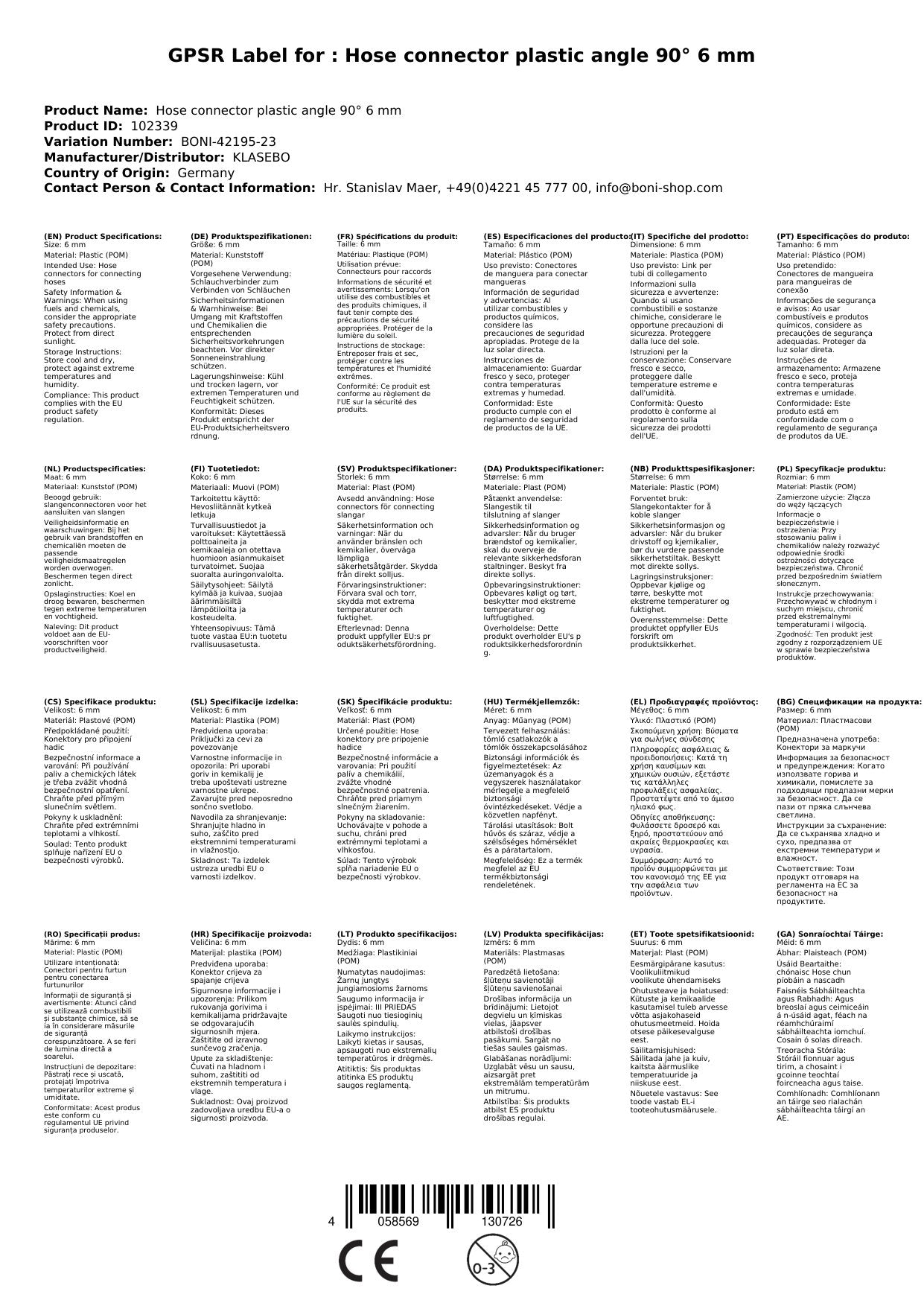 Conector Manguera 6mm, Angular 90°, Pom