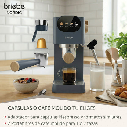 Briebe Nordic Set Cafetera 20 Bares Cápsulas, Café Molido Espumador Leche Tostadora 2 Rebanadas Anchas, Skt1221gry,gris_5