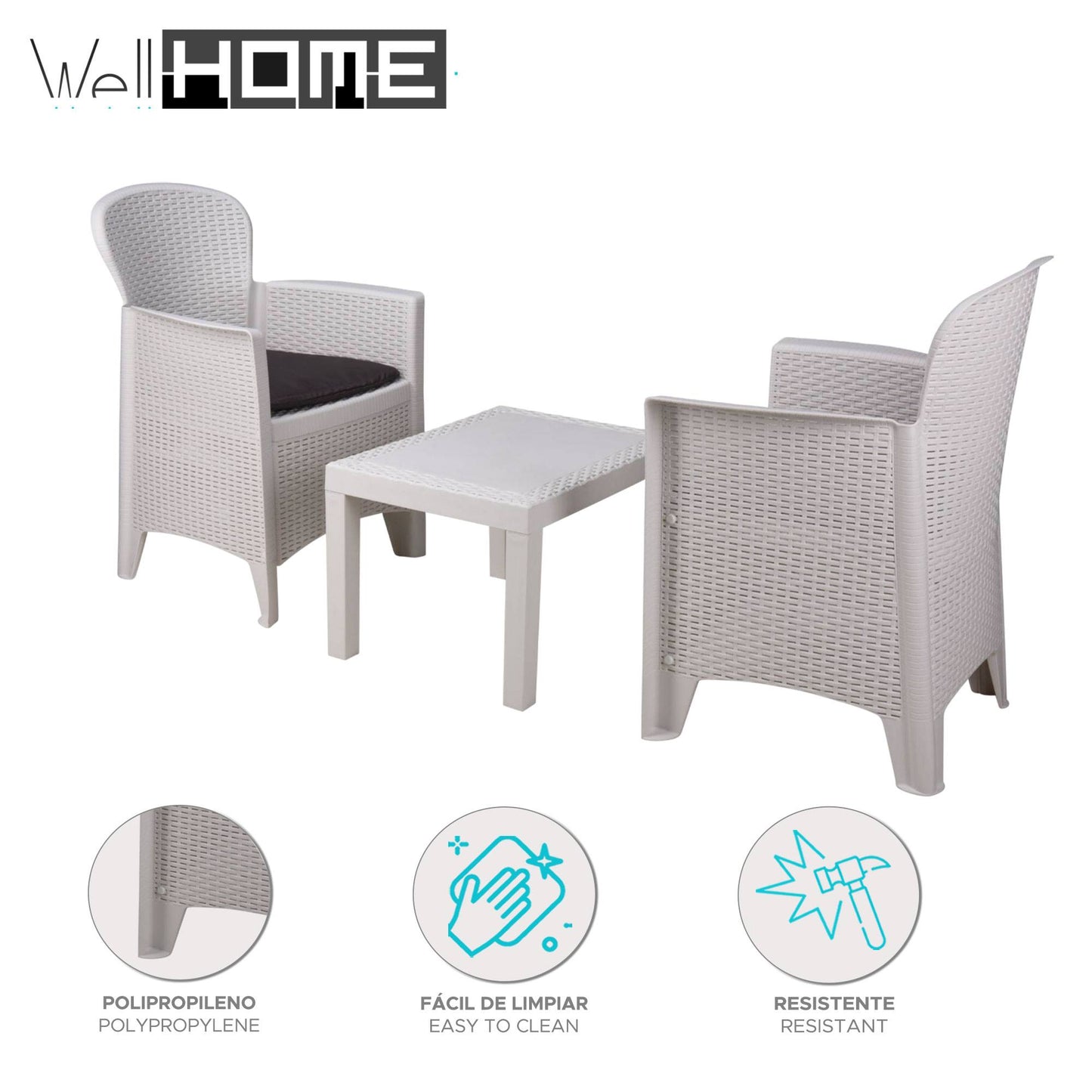 Well Home - Set De Jardín 'akita' Mesa Y 2 Sillas Blanco Ideal Para Terrazas