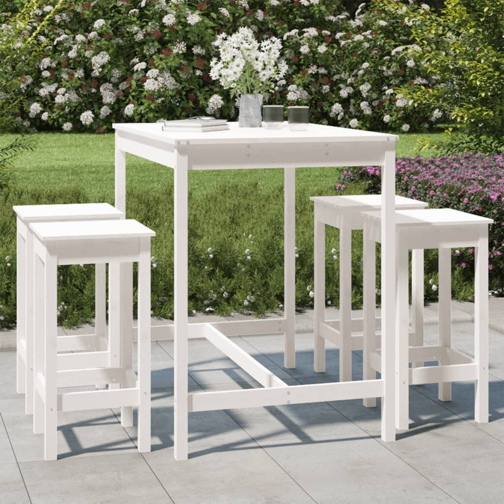 Vidaxl Set De Mesa Y Taburetes Altos Jardín 5 Pzas Madera Pino Blanco_1