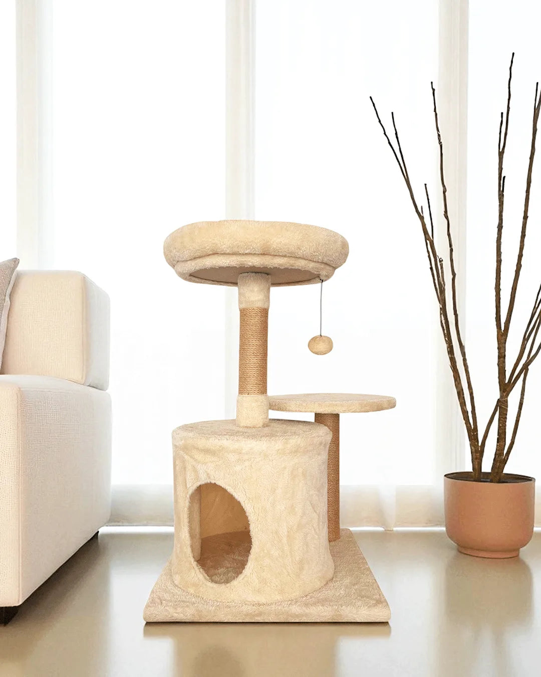 Cama Árbol Para Gatos Nácar, Madera Maciza Y Yute_1