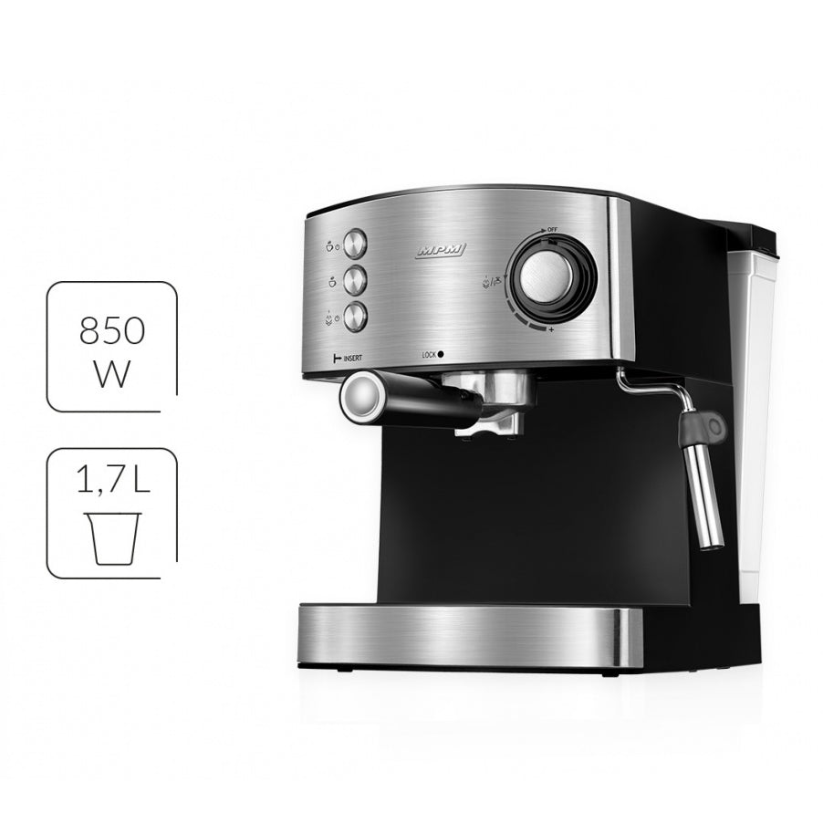 Cafetera Expresso Manual 15 Bares 1,7 L, Brazo Doble Salida, Espumador Leche, Calientatazas Mpm Mpm-mkw-06m Negro/plata
