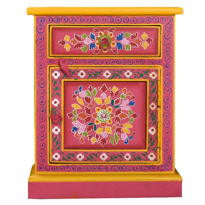 Mesita De Noche De Madera Maciza De Mango Rosa Pintada A Mano_1