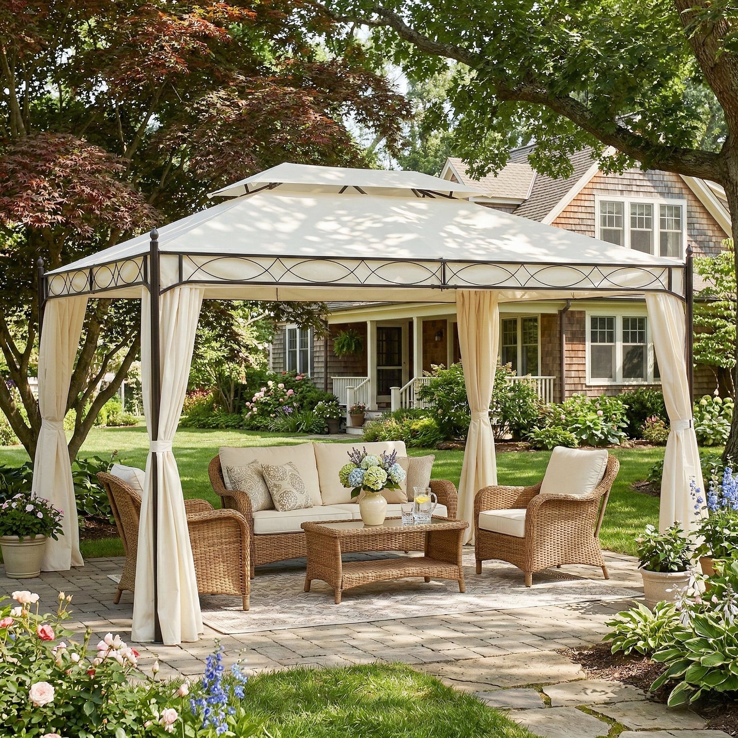 Outsunny Cenador De Jardín 4x3 M Pabellón De Jardín Con Doble Techo Crema_4
