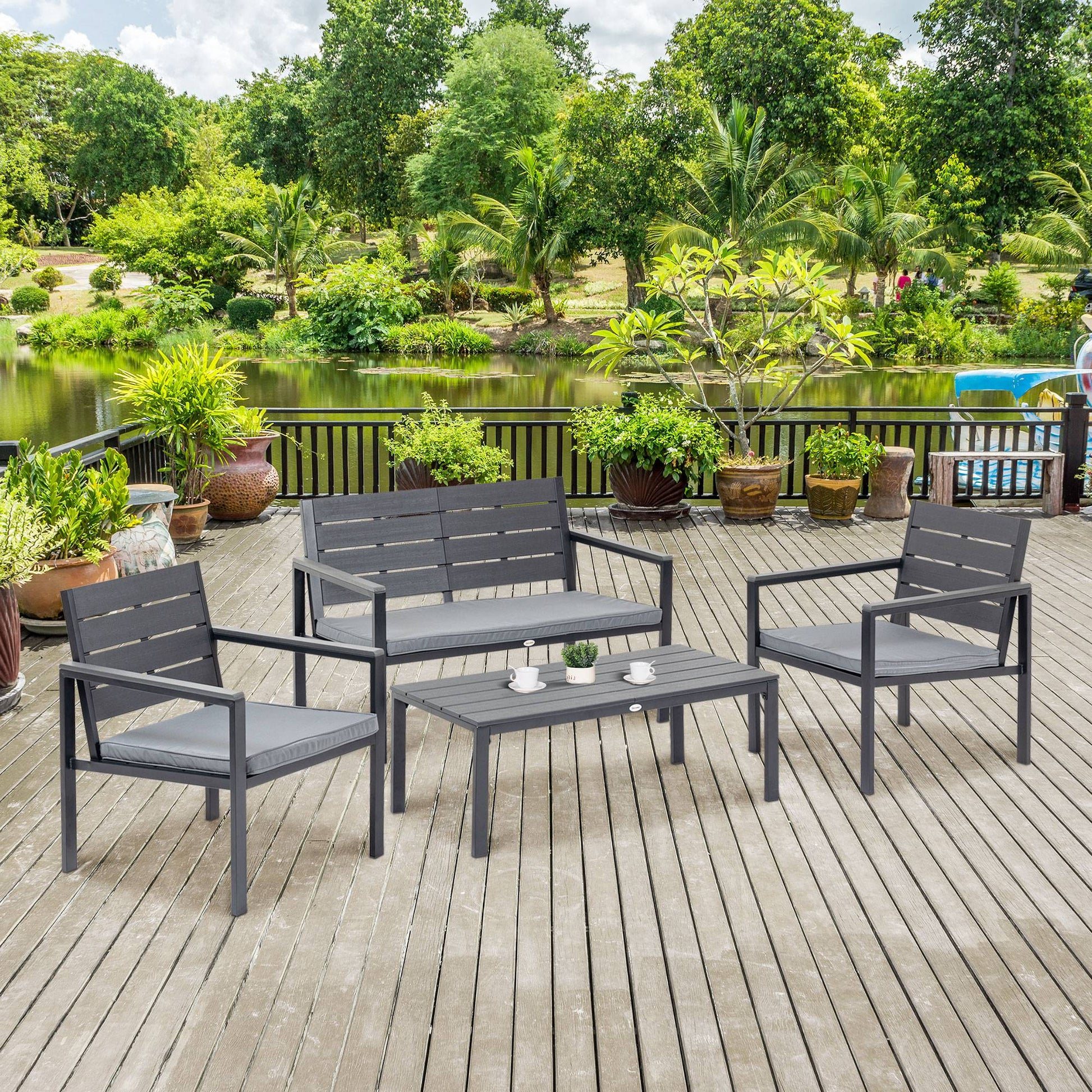 Outsunny Conjunto De Muebles De Jardín 4 Piezas Mesa Banco 2 Sillas Con Cojines_1