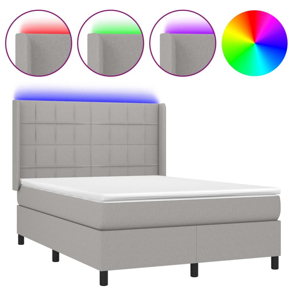 Cama Box Spring Colchón Y Luces Led Tela Gris Claro 140x190 Cm / Vetonek_3