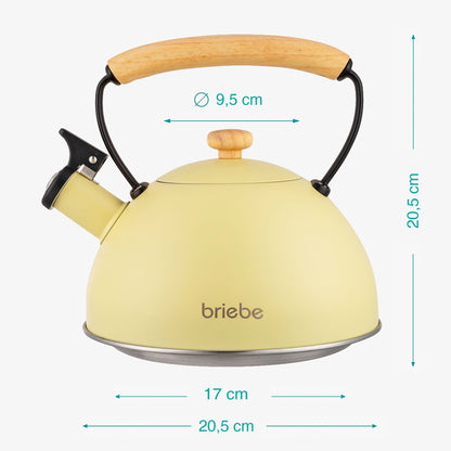 Tetera Con Silbato, Hervidor De Agua 2,5l, Inducción, Acero Inox, Vintage, Mango Madera, Briebe, Pastel, Amarillo