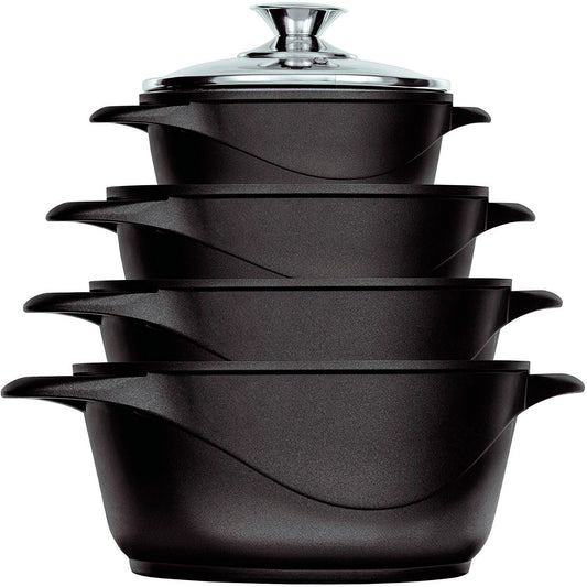 Batería De Cocina Inducción 8 Piezas Aluminio Fundido 4 Ollas Con Tapa De Cristal Antiadherente Briebe Mgk-12, Negro