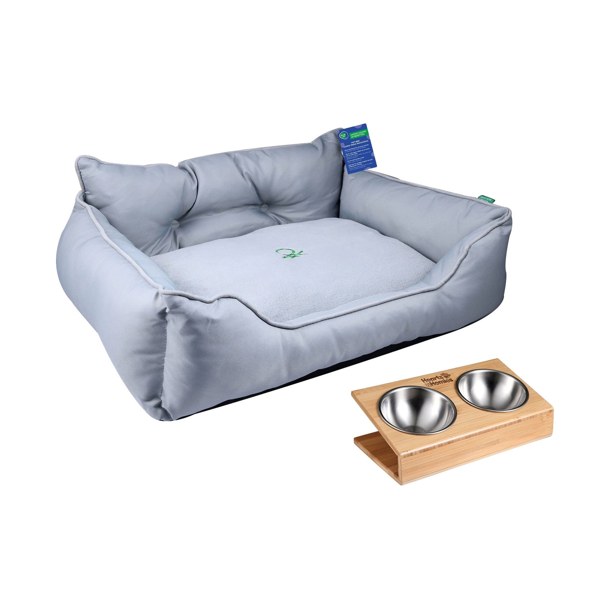 Cama Para Mascota 65x50x20cm Gris + Comedero Doble De Acero En Bambú