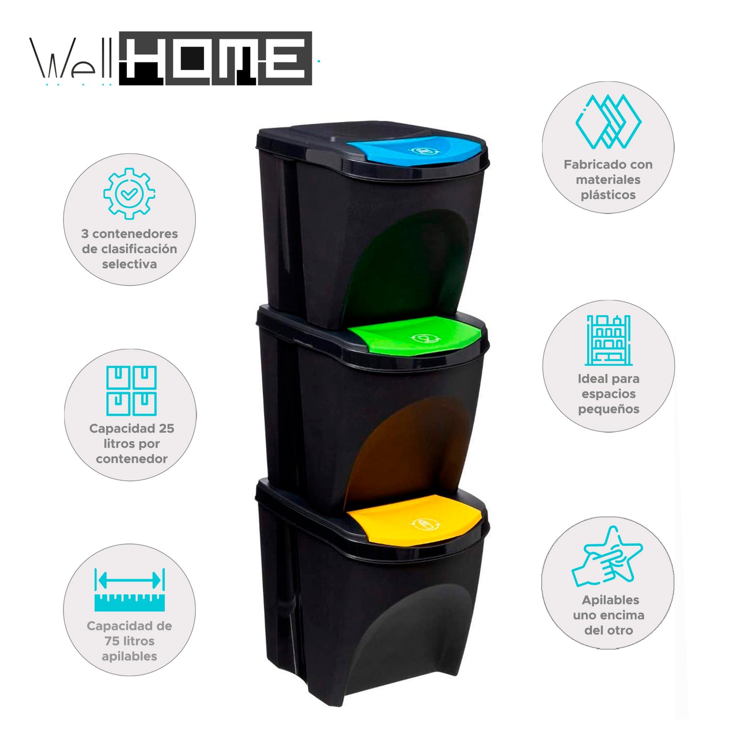 Wellhome Papelera X3 Plástico 25l Clasificación_1