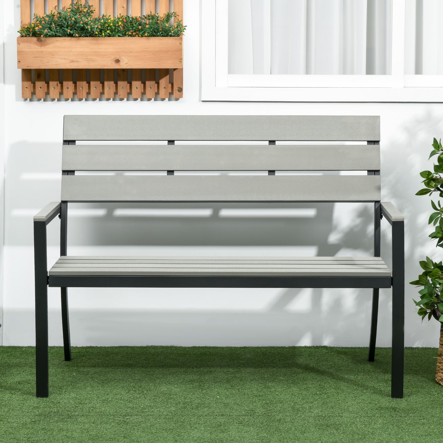 Outsunny Banco De Jardín De 2 Plazas De Plástico Con Marco De Acero 122x65x92 Cm_1