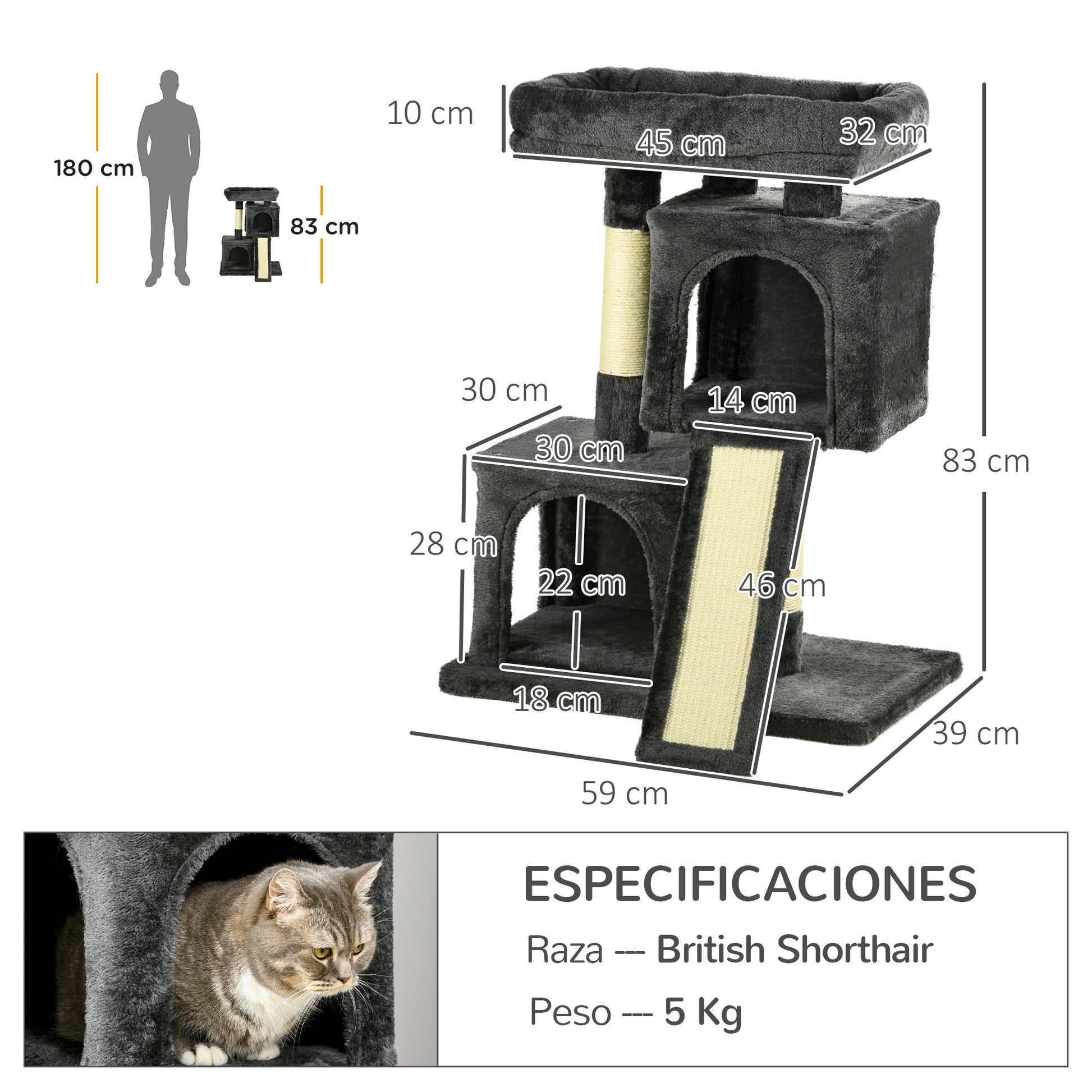 Pawhut Árbol Para Gatos Con Postes Y Tablero Rascador Cuevas Cama Suave 59x39x83_2