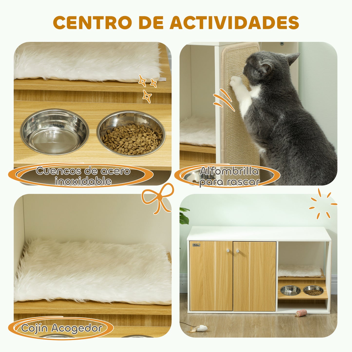 Pawhut Mueble Arenero Para Gatos 3 En 1 Con Puertas Estera Para Rascar Blanco_4