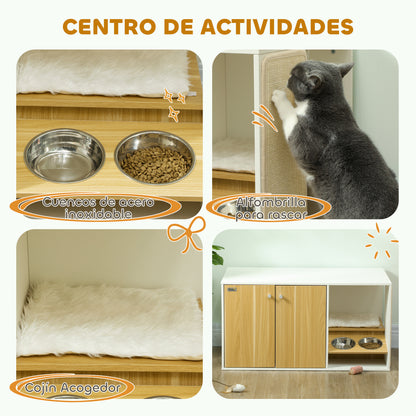 Pawhut Mueble Arenero Para Gatos 3 En 1 Con Puertas Estera Para Rascar Blanco_4