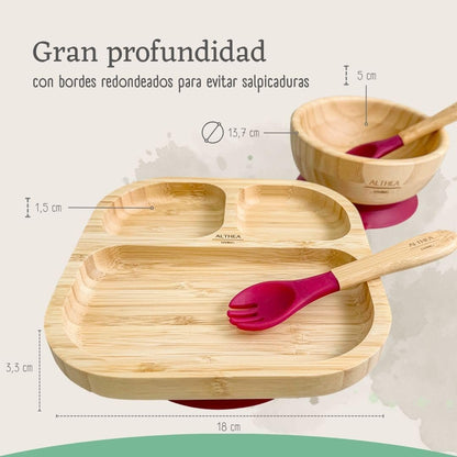 Vajilla De Bambú Natural - 4 Piezas - Rojo Carmesí._3