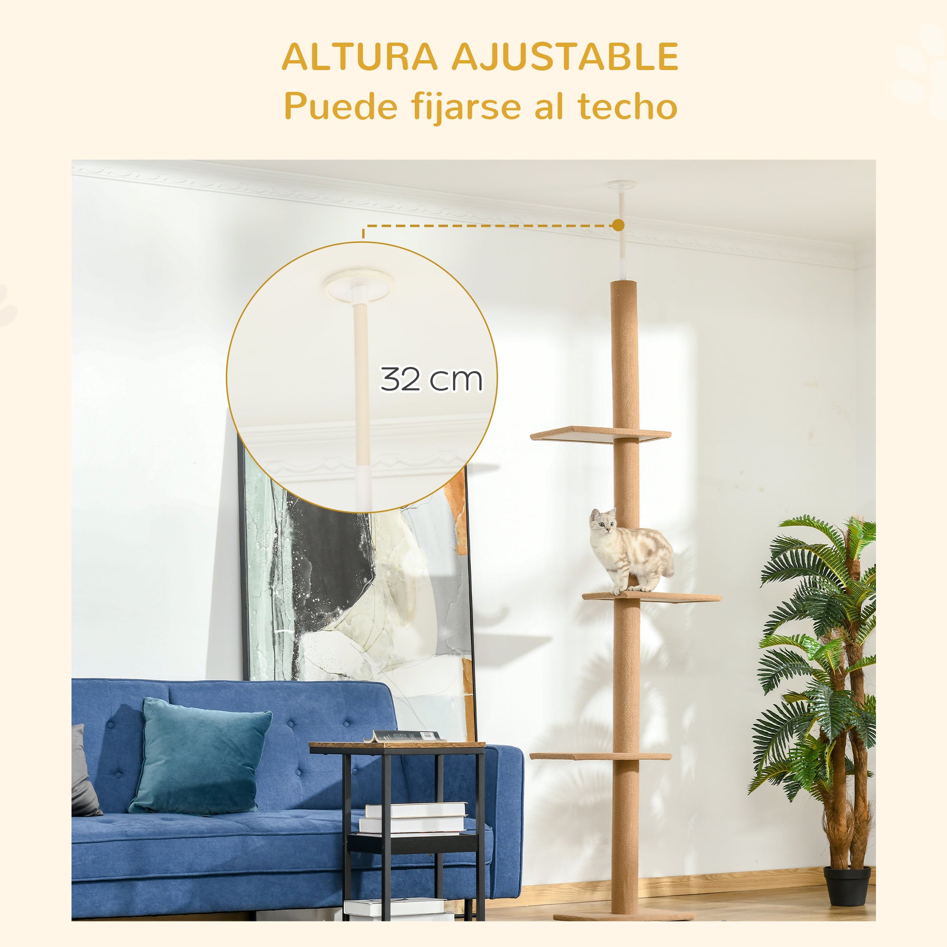 Pawhut Árbol Para Gatos Del Suelo Al Techo 43x27x228-260 Cm Con Altura Ajustable_4
