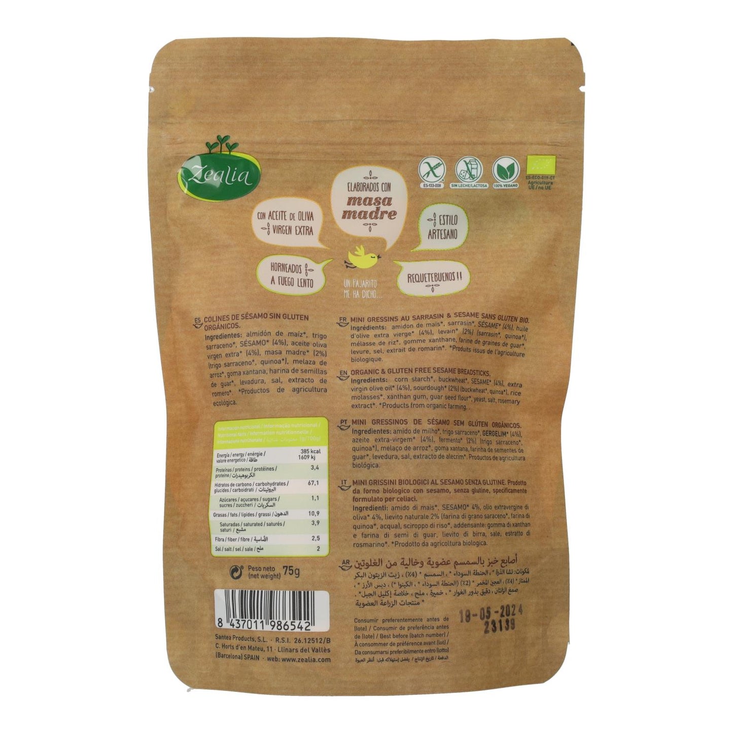 Mini Grissini Colines Sésamo BIO Sin Gluten Zealia 70 g