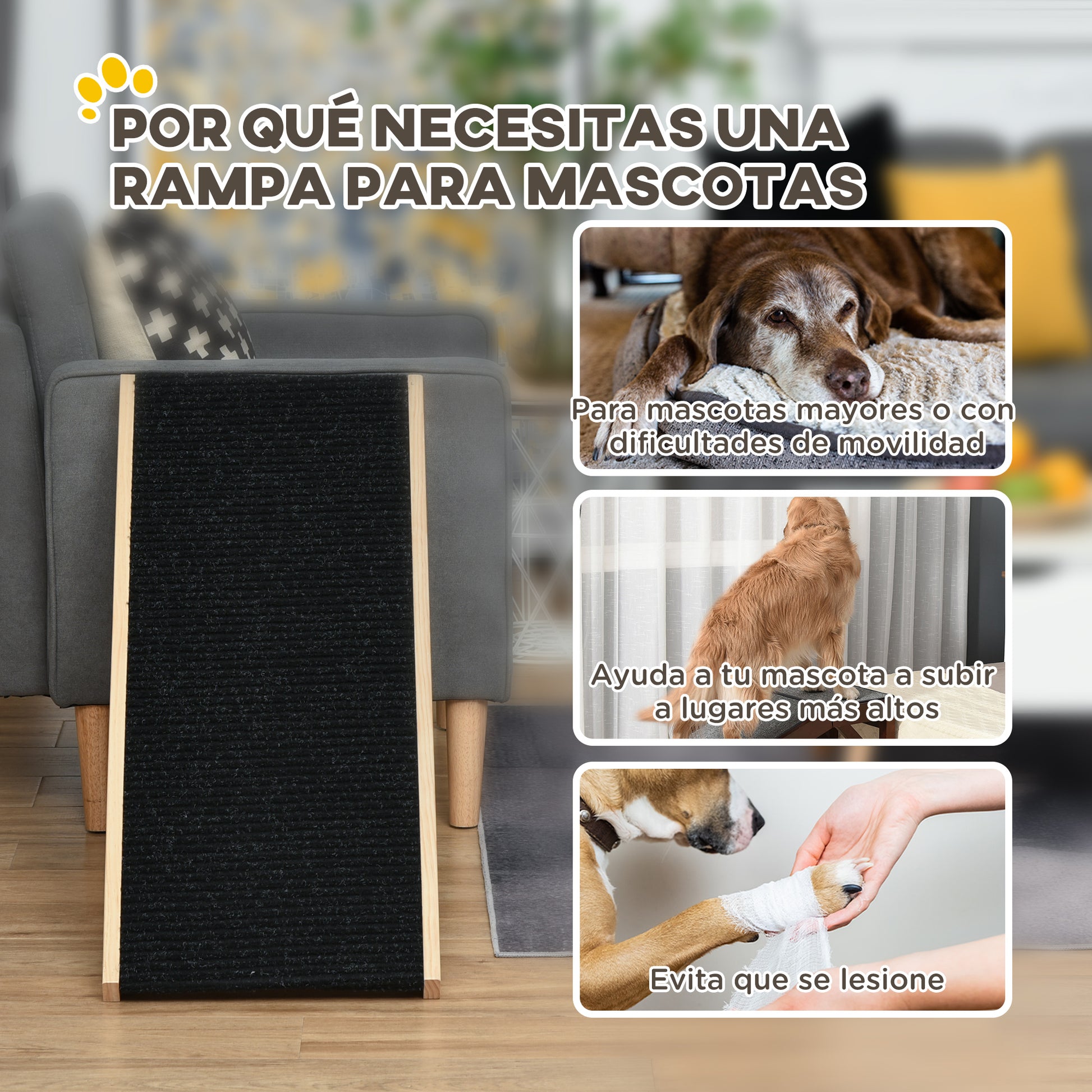 Pawhut Rampa Plegable Perros Madera Antideslizante Altura Ajustable 90x40x61 Cm_4