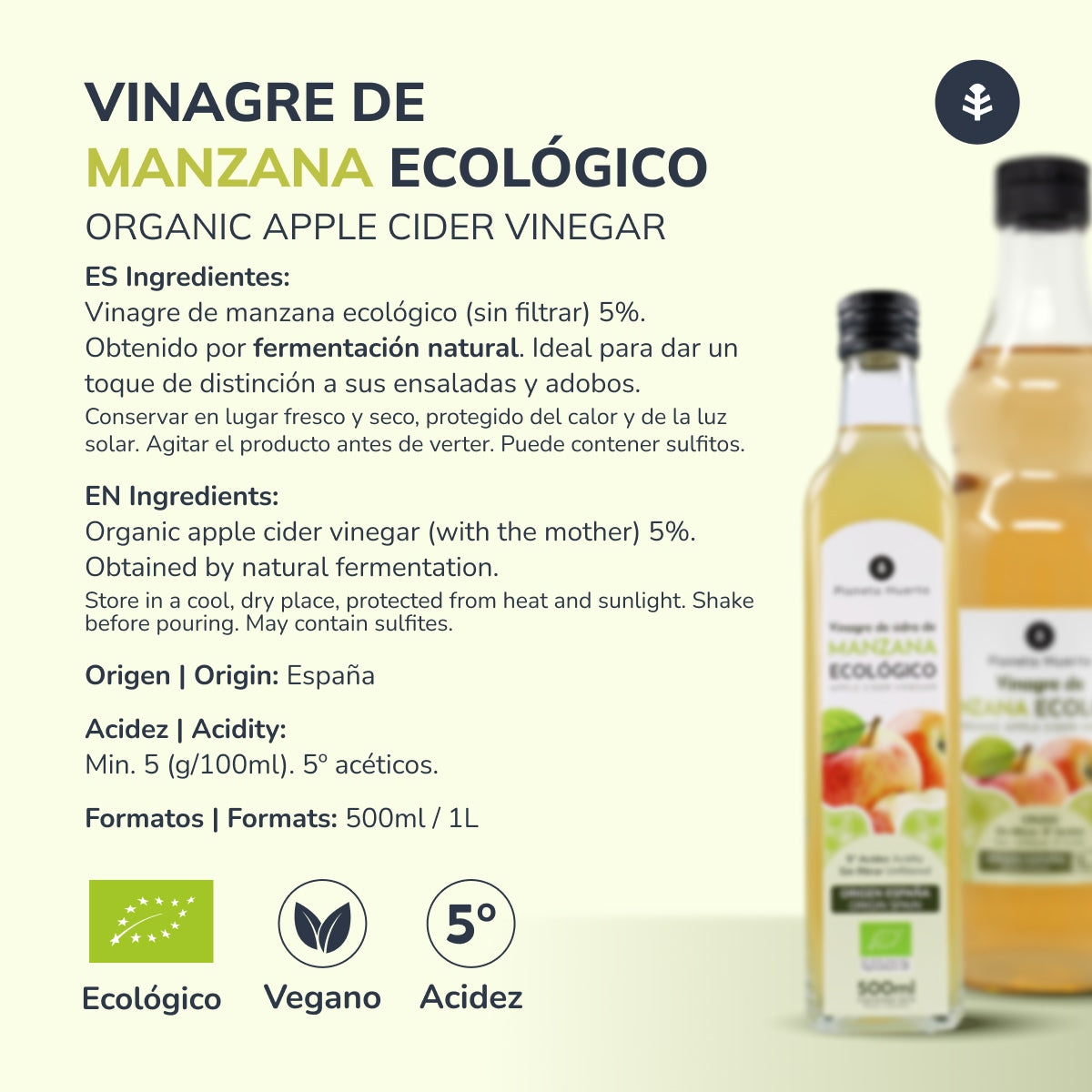 Pack 2x Vinagre de manzana ECO crudo sin filtrar con la madre Planeta Huerto 1L