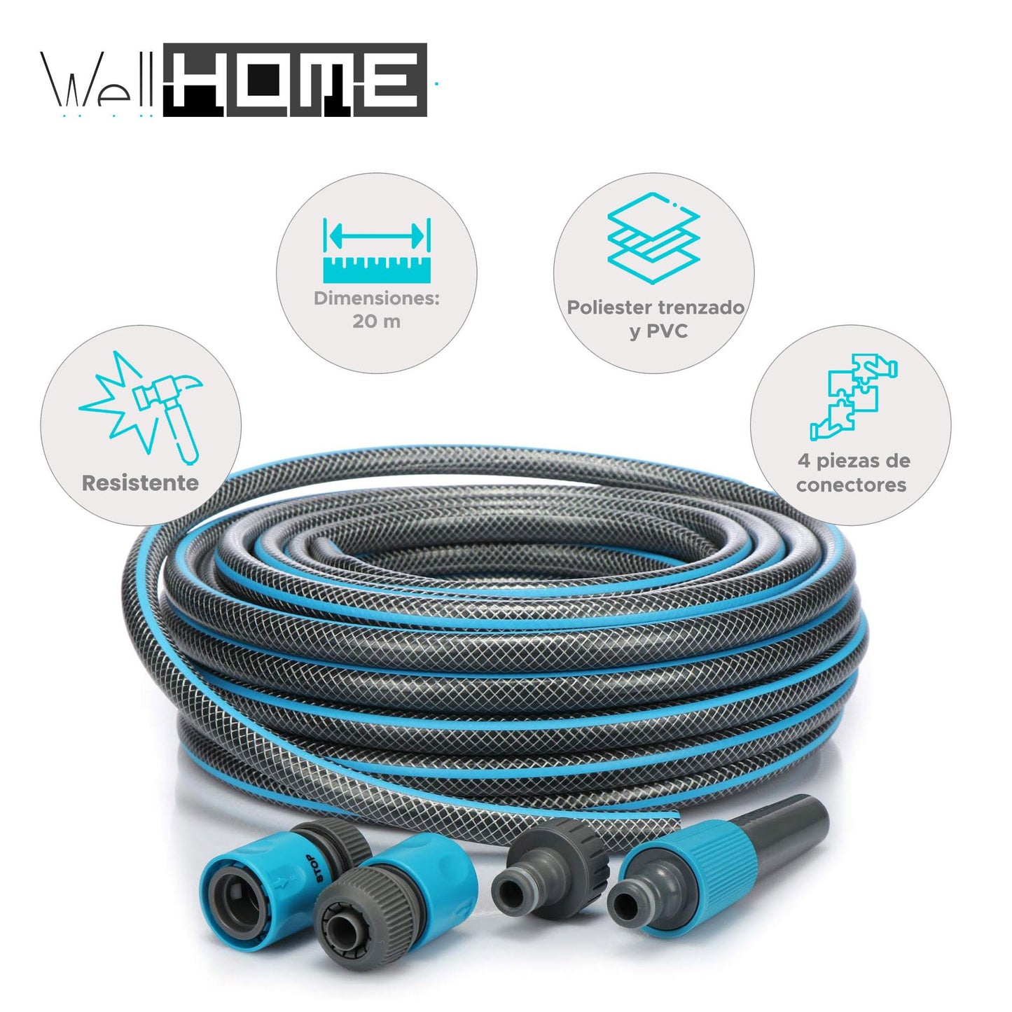 Well Home Manguera De Agua De 20m Con Juego De Conectores - Poliéster Trenzado Y Pvc Gris Transparente_1