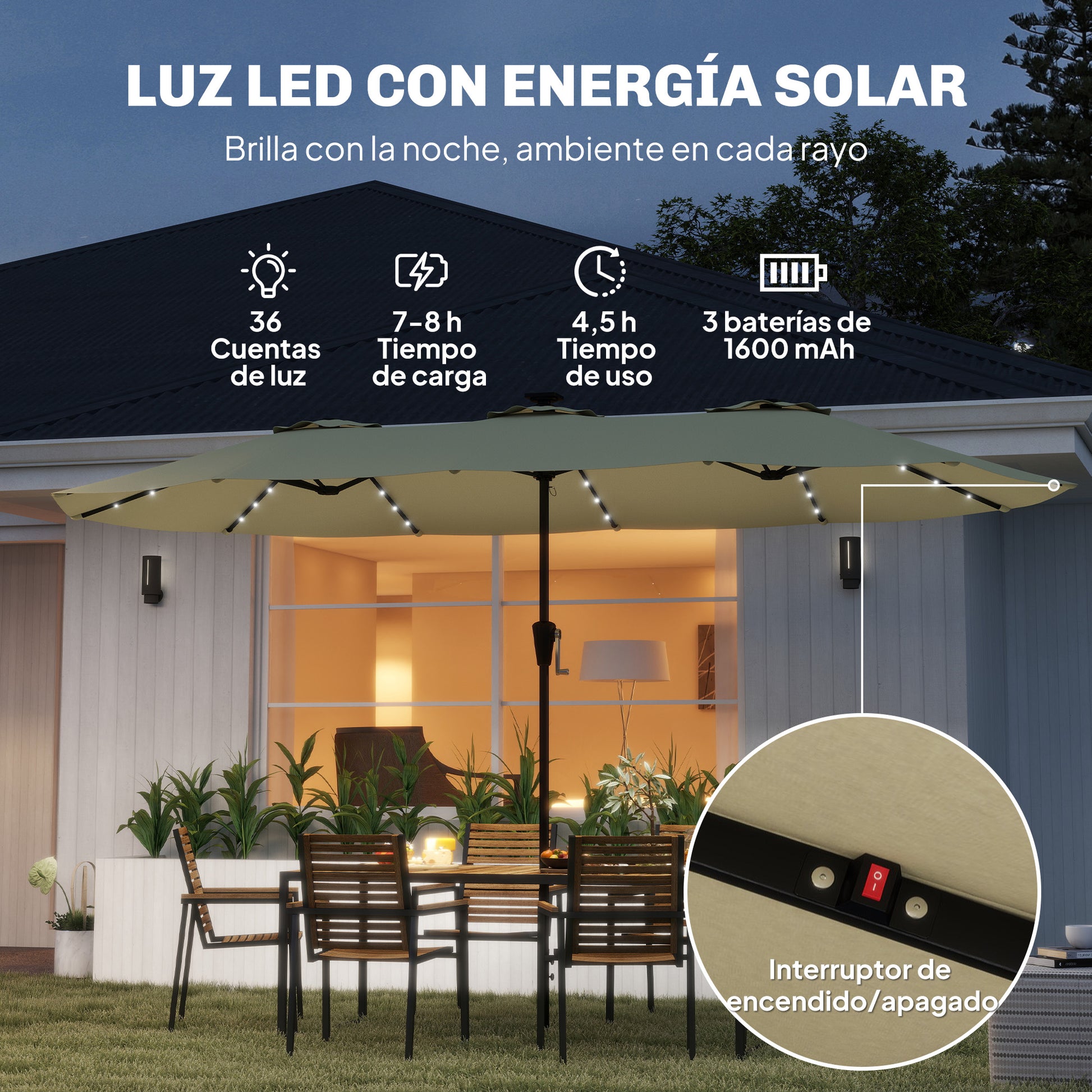 Outsunny Sombrilla Doble Con 36 Luces Led Solares_3
