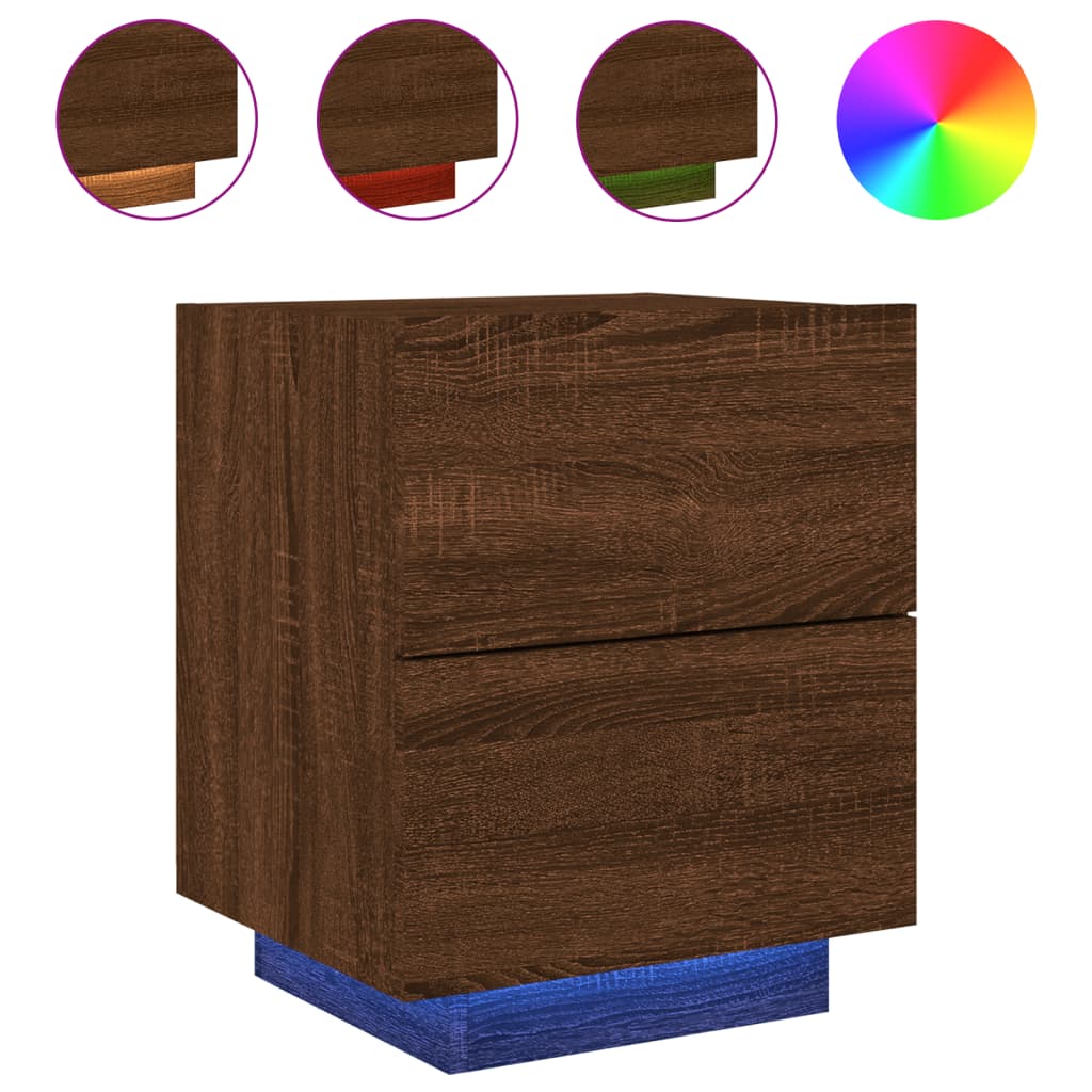 Mesitas De Noche Luces Led 2 Uds Madera Ingeniería Roble Marrón_3